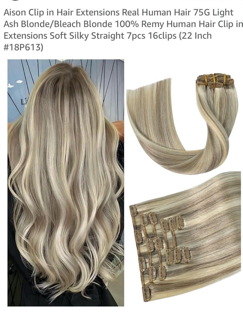 Aison 22" Clip In Hair Extensions Remy Human Hair Blonde 18/613 70g NIB